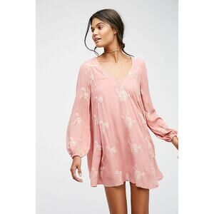 New Free People Pink Cherry Blossom Embroidered Austin Mini Dress Sz Small Boho